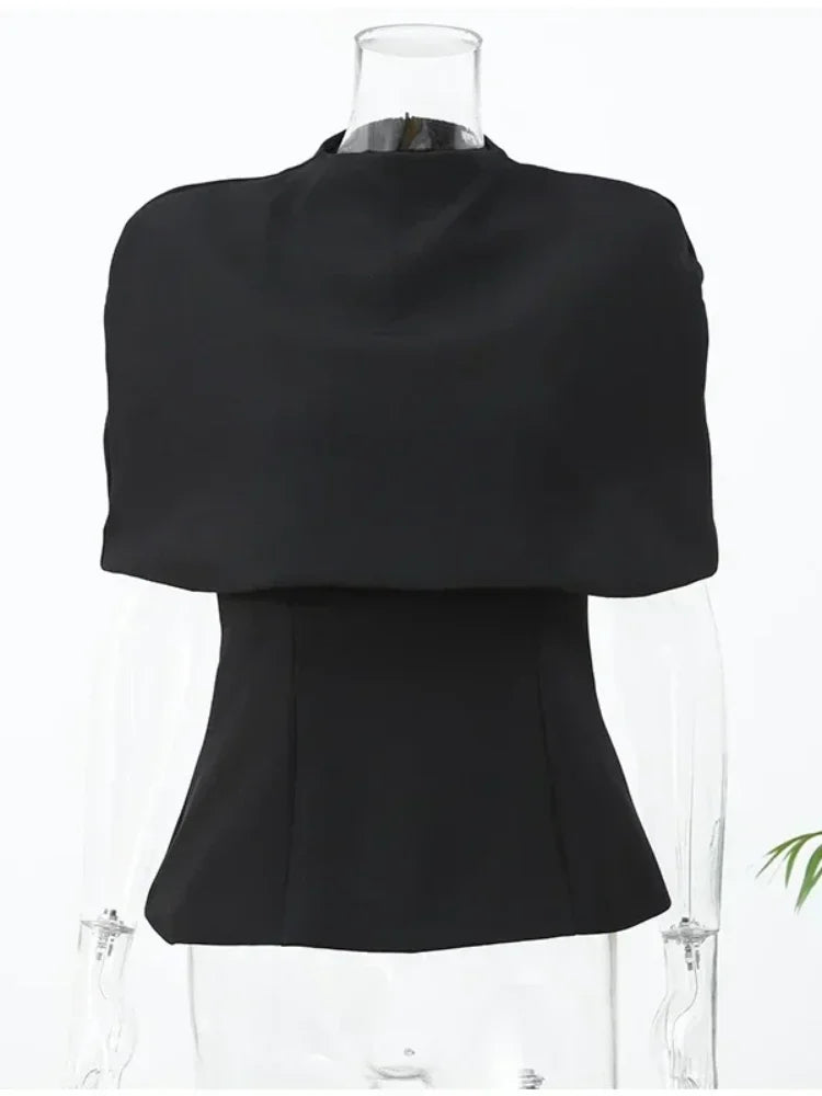 Elegant Black Turtleneck Cloak Tops Women Solid Short Sleeve Waist Cinching A-line Short Top 2026 Lady Spring Street Outwear