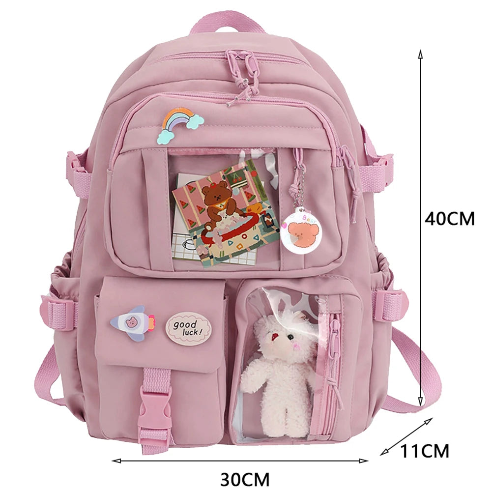 Woman Backpack Fashion College Student Rucksack Nylon with Plush Pendant Pin Kawaii Large Capacity Japanese Style for Teen Girls