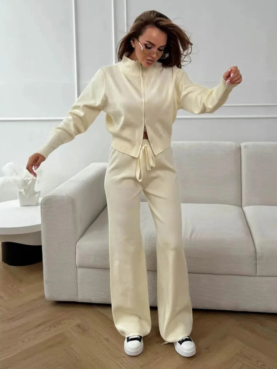 Bornladies Women's New Knit Zip Up Cardigan Wide Leg Pants Set Soft Fabric Cropped Elastic Waist Autumn Winter Fashion Sweater