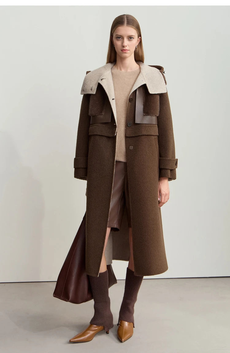 Amii Minimalist 2025 Winter Women's Jacket Hooded Splicing Zipper PU Leather Loose Long Coat Two Wear Wool Coats 12444138