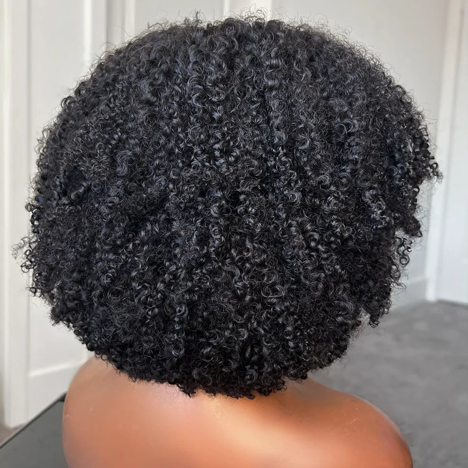 Mongolian Afro Kinky Curly Hunan Hair Wigs With Bangs Full Machine Made Wig 250 Density Remy Brazilian Short Curly Bangs Wig