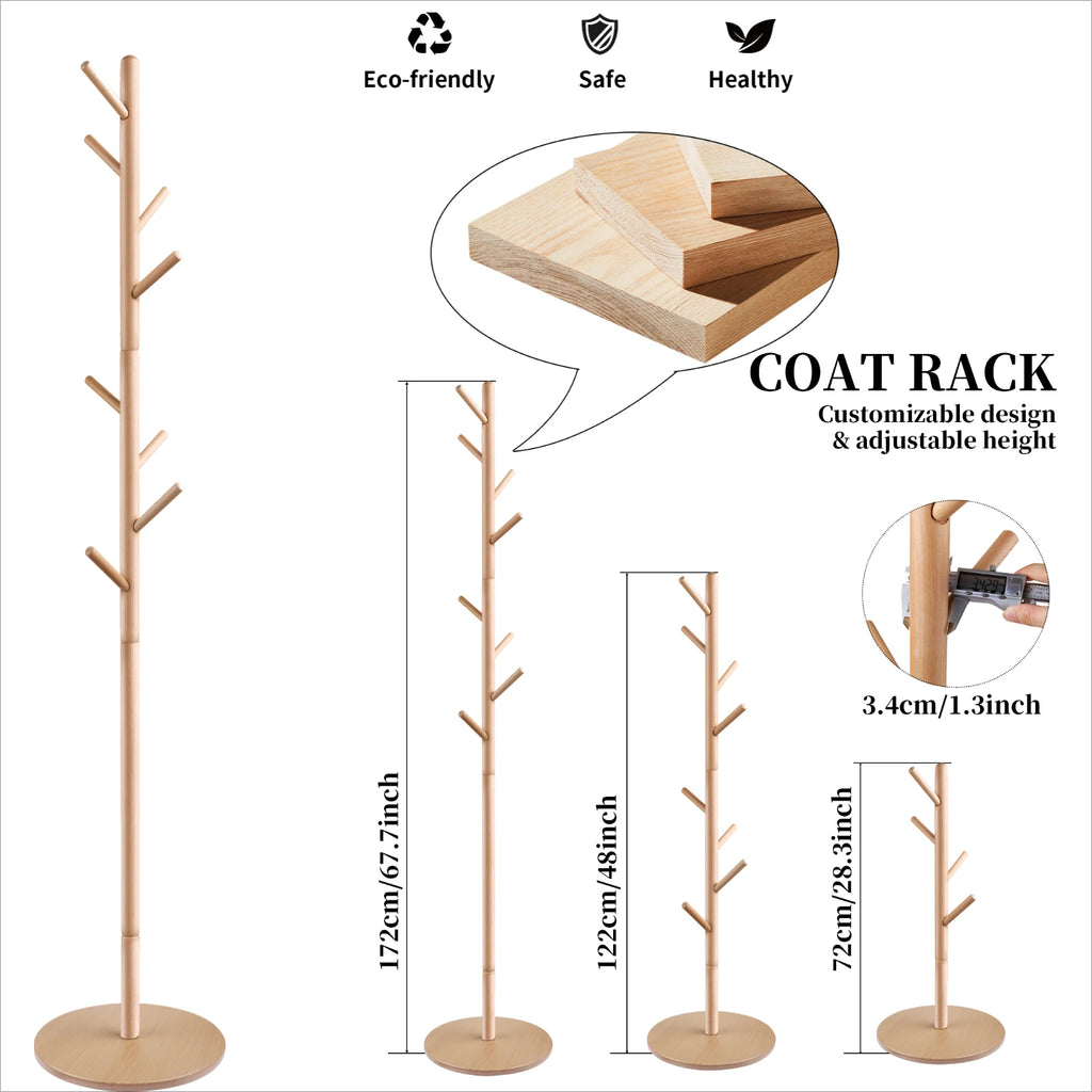 Solid Wood Coat Racks Stand Adjustable Height Clothes Hanger 8 Hook for Home Entryway Clothes Hat Scarves Handbags Rack