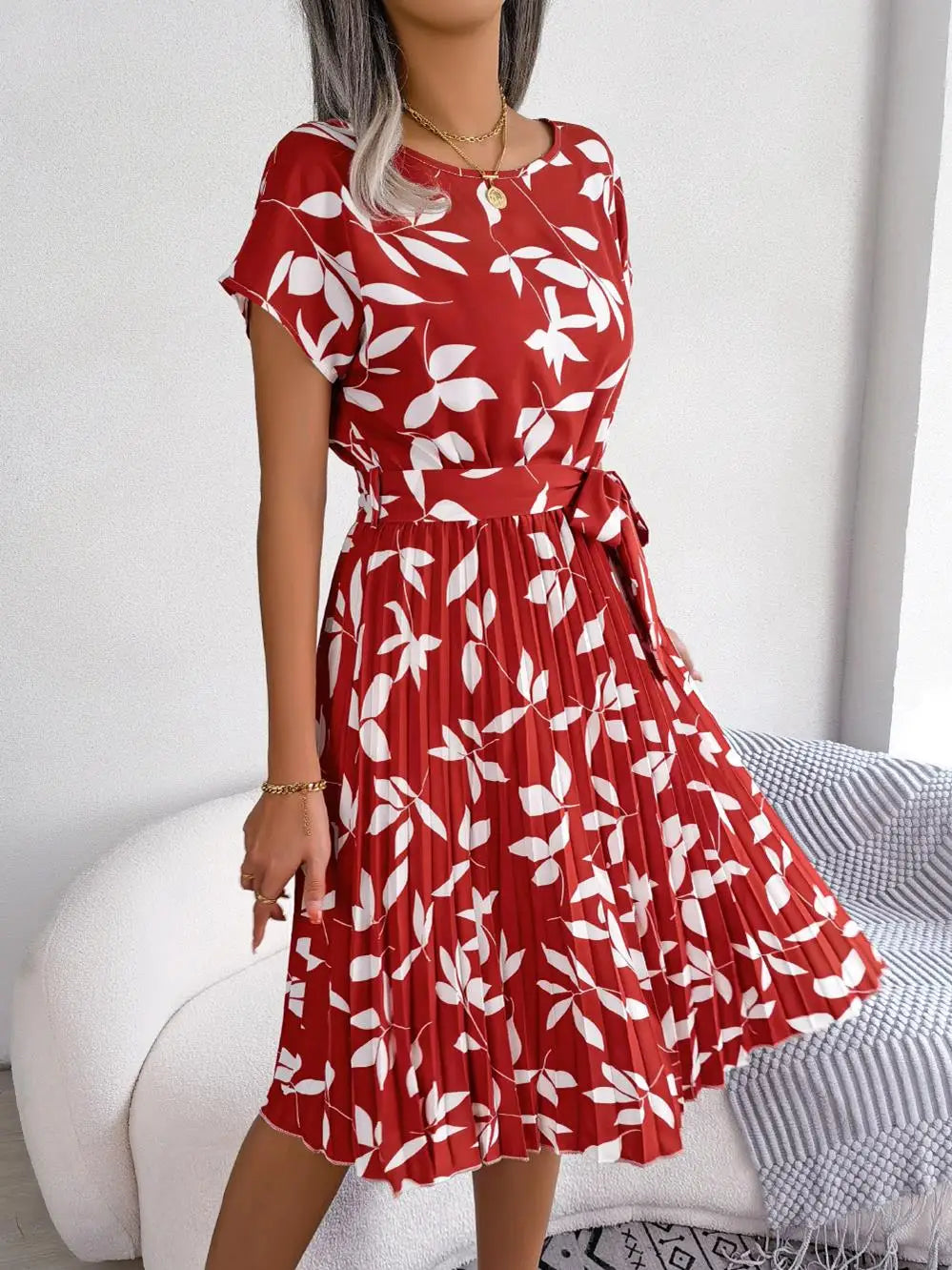 Women's Floral Pleated A Line Long Dress, Short Sleeve, High Waist, Chic, Spring, Summer