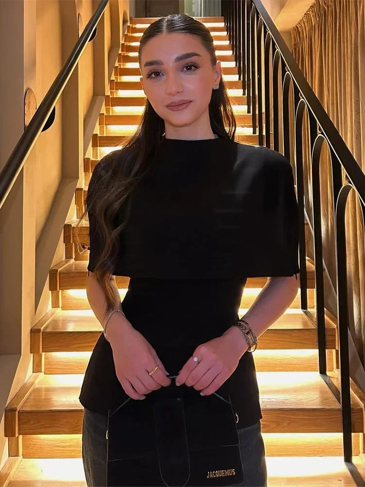 Elegant Black Turtleneck Cloak Tops Women Solid Short Sleeve Waist Cinching A-line Short Top 2026 Lady Spring Street Outwear