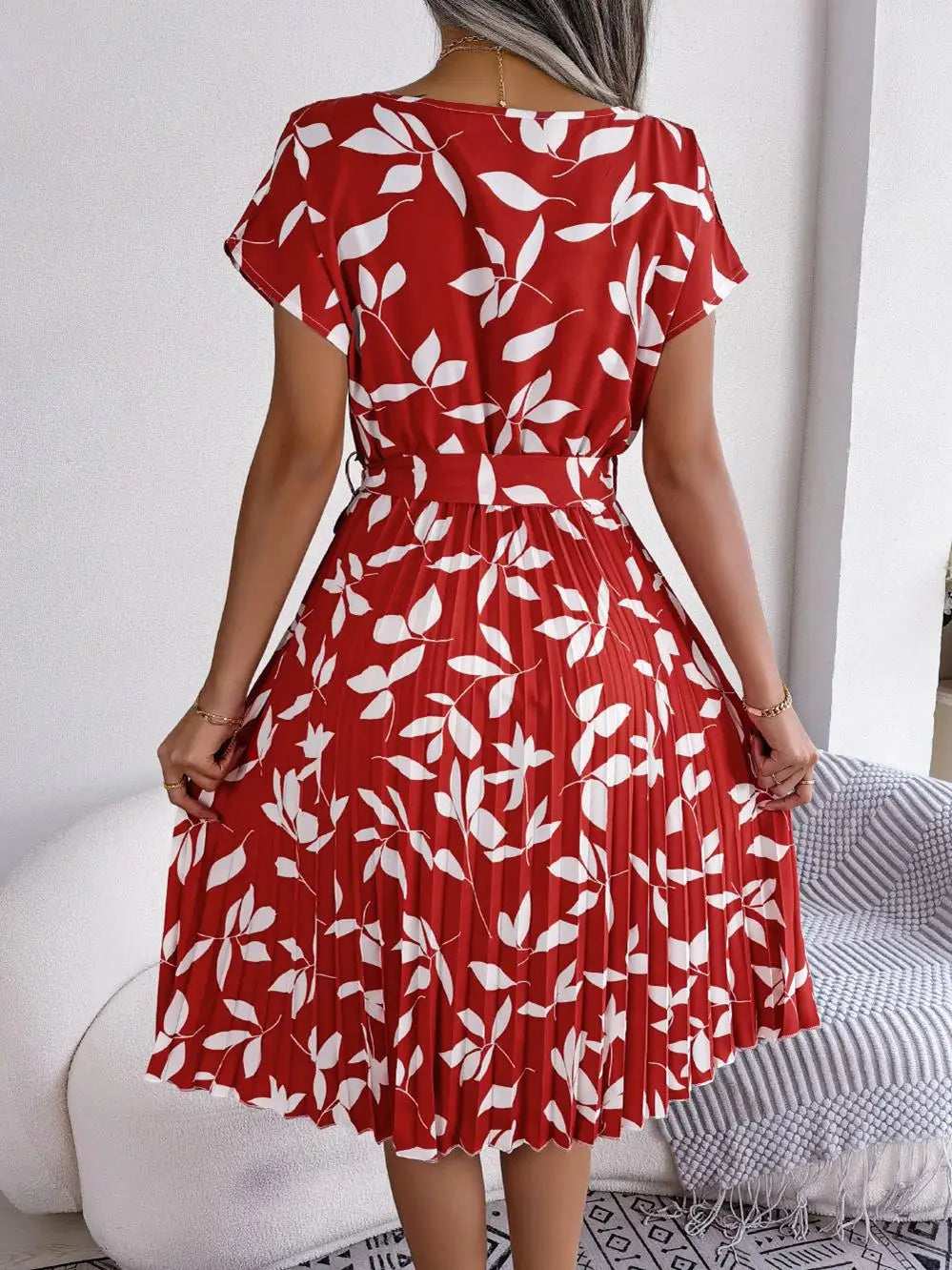 Women's Floral Pleated A Line Long Dress, Short Sleeve, High Waist, Chic, Spring, Summer