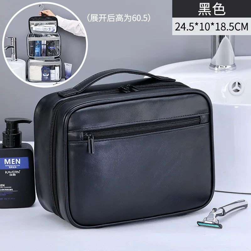 Zipper PU Leather Men Business Portable Storage Bag Toiletries Organizer Women Travel Cosmetic Bag Hanging Waterproof Wash Pouch