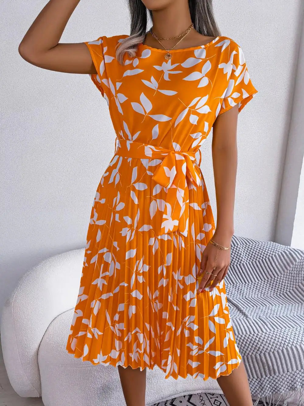 Women's Floral Pleated A Line Long Dress, Short Sleeve, High Waist, Chic, Spring, Summer