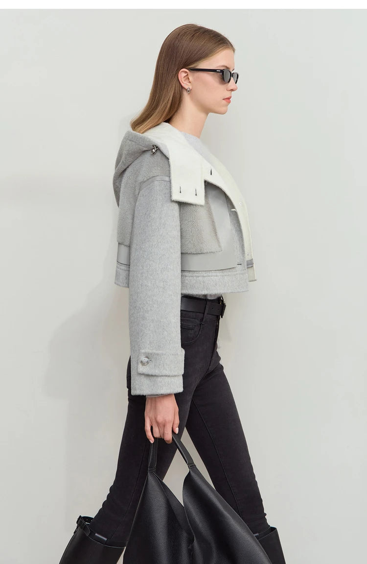 Amii Minimalist 2025 Winter Women's Jacket Hooded Splicing Zipper PU Leather Loose Long Coat Two Wear Wool Coats 12444138