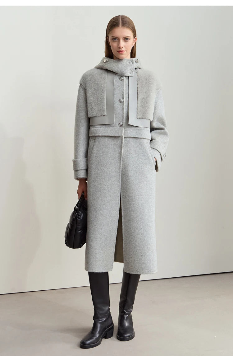 Amii Minimalist 2025 Winter Women's Jacket Hooded Splicing Zipper PU Leather Loose Long Coat Two Wear Wool Coats 12444138