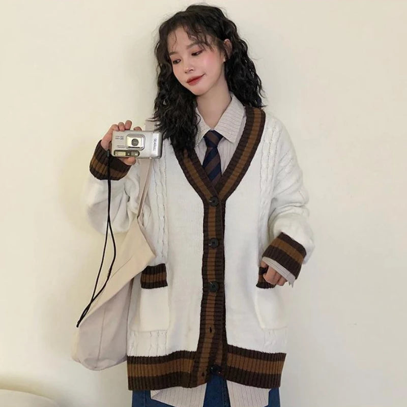 New Preppy Style Japan Cardigan Women Vintage Patchwork Knitted Sweaters Simple Schoolgirls Ulzzang Baggy Fashion All-match Chic