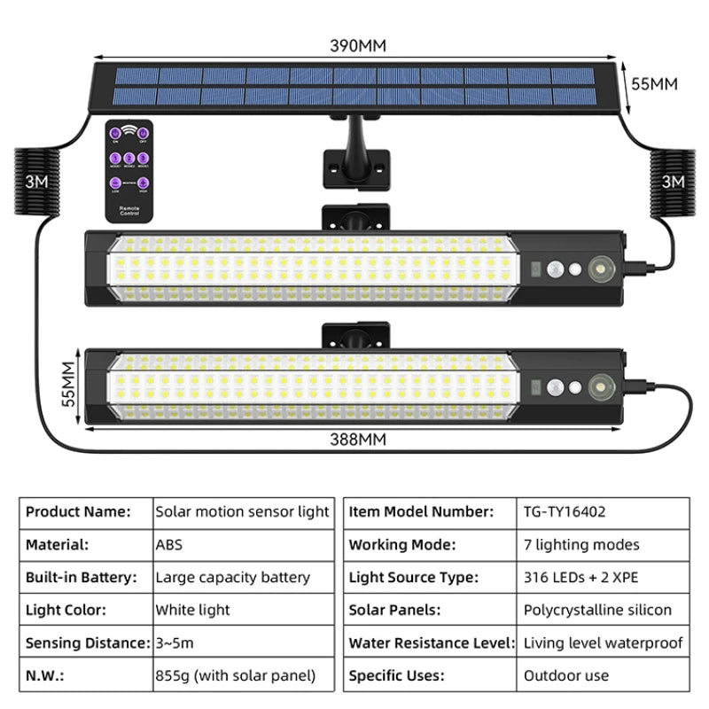 Motion Sensor LED Solar Lights with Remote - 4 Modes Waterproof LED Wall Lamp for Outdoor Garden Camping, USB/Solar Charging,