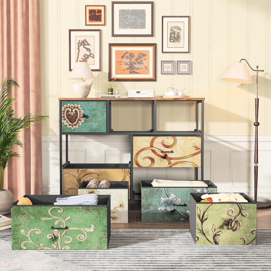 Rosahqnda Vintage Cabinet with fabric Drawers TV Stand Chest of Drawers for Living Room Dining Room Bedroom Iron Frame