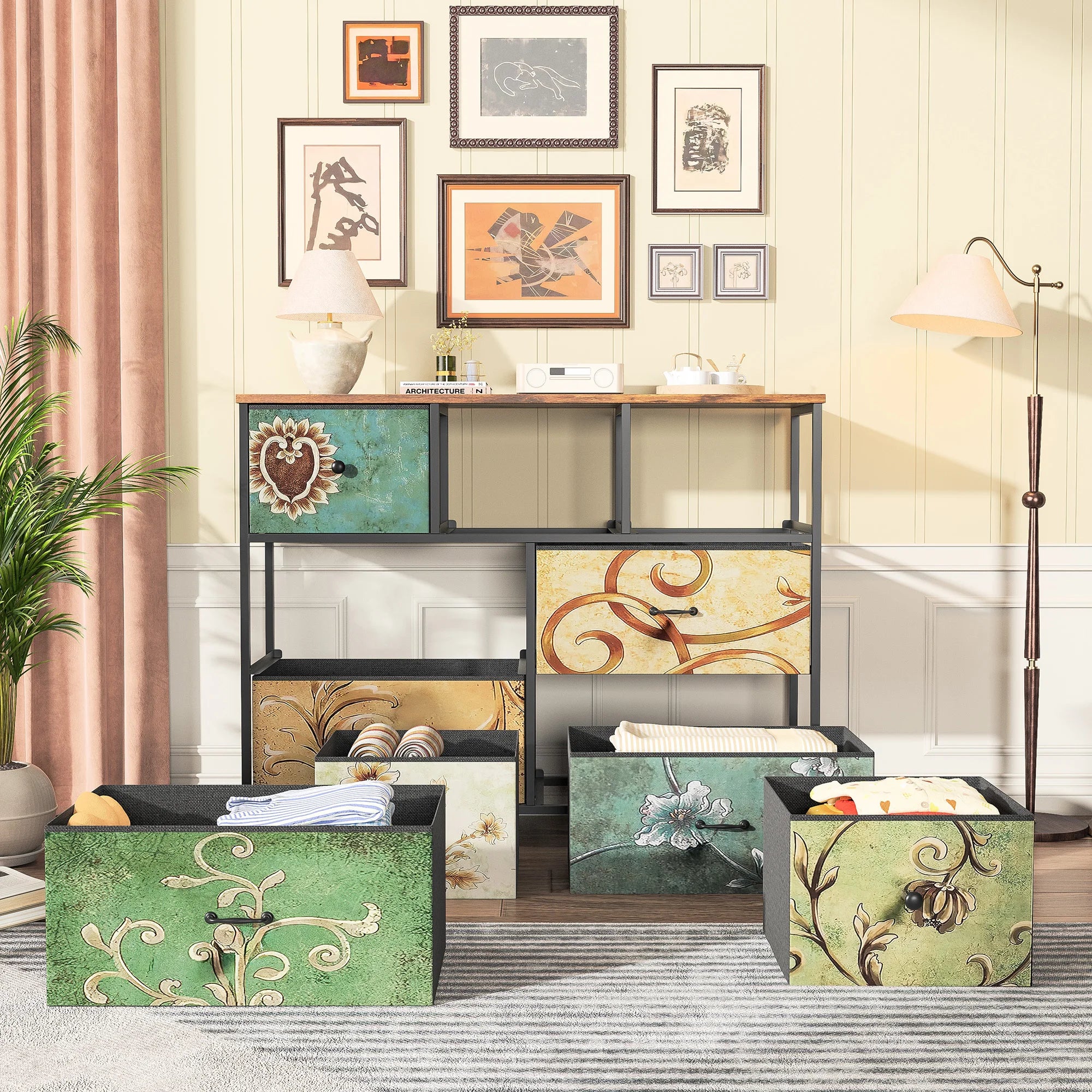 Rosahqnda Vintage Cabinet with fabric Drawers TV Stand Chest of Drawers for Living Room Dining Room Bedroom Iron Frame