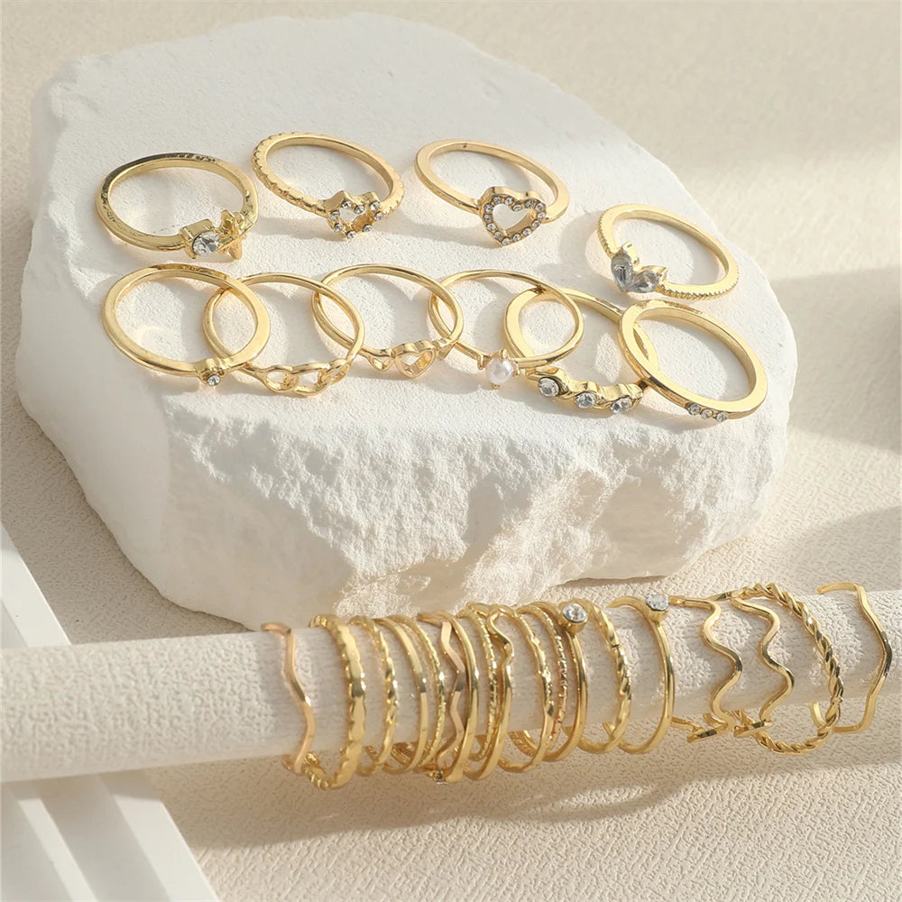 28pcs/Set Fashionable Heart Love Star Rhinestone Simple Wave Metal Circle Hollow Geometric Multi-Element Style Rings For Women
