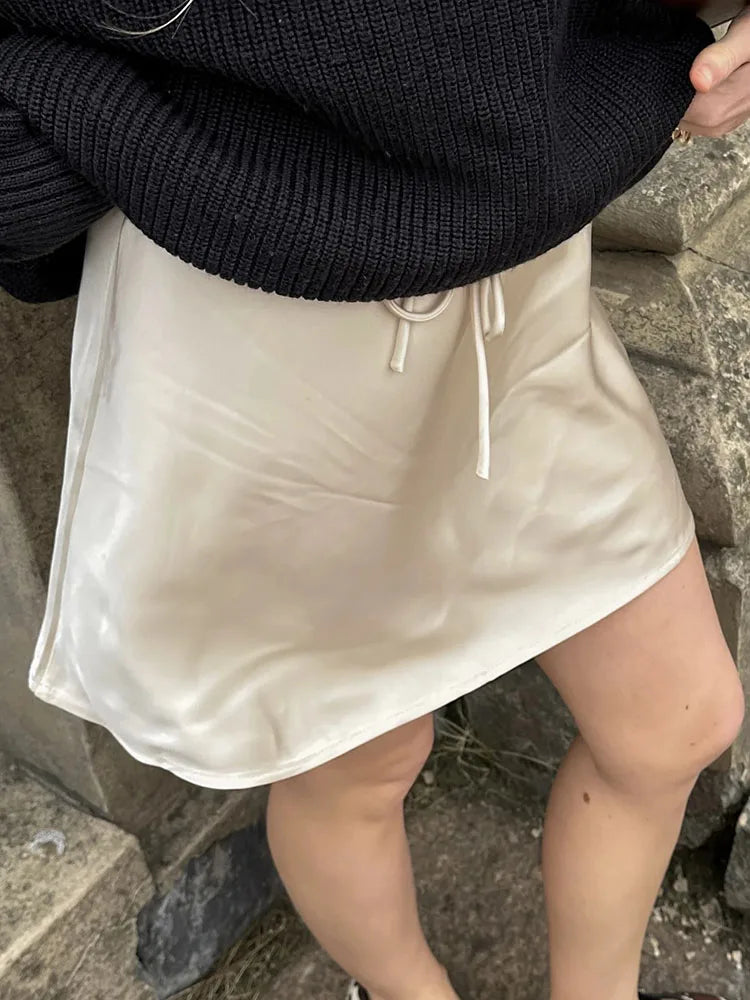 Satin Mini Skirts Women Summer Beige Silk Short Skirt For Woman Drawstring High Waist Black Satin Skirt A Line Women Short 2026
