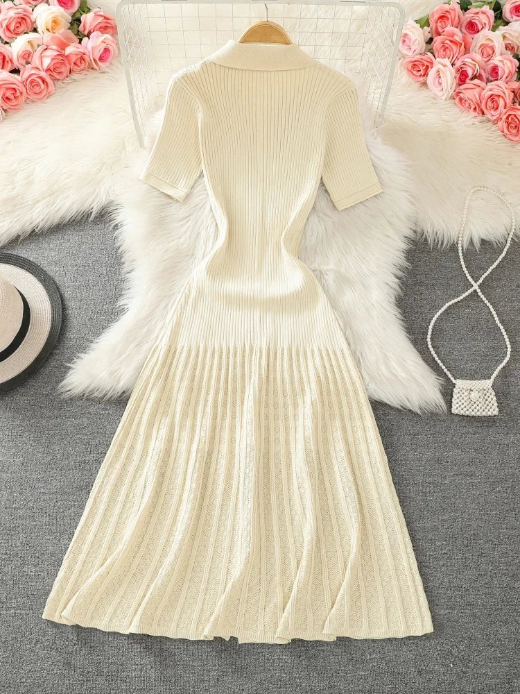 Summer 2024 New Women's Black Beige Single Breasted Knitted Long Dress Green Elegant Office Lady Short Sleeve Pleated Dress Chic