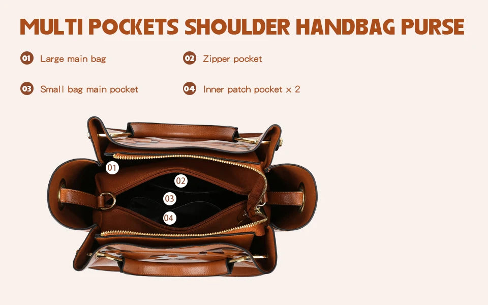 Floral Handbags Purses Women Tote Bag - Embossed Leather Top Handle Handbag Set Large Shoulder Bag Ladies Bucket Hobo Bag