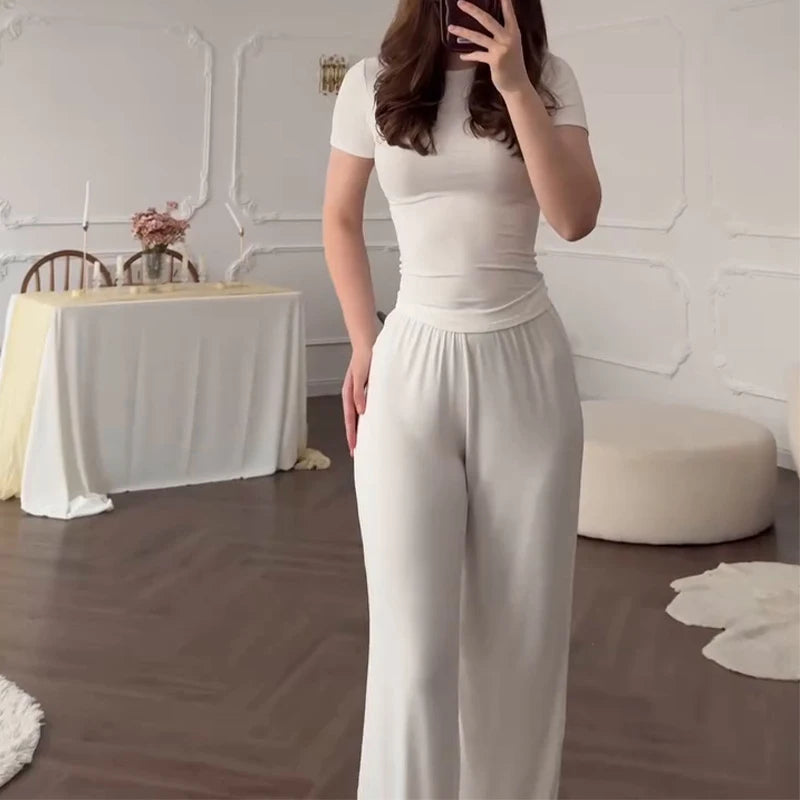 Casual Long Pants Suits Women O-neck Short Sleeve T-shirt Elastic Waist Trousers Set Spring Summer Solid Lady Household Clothes