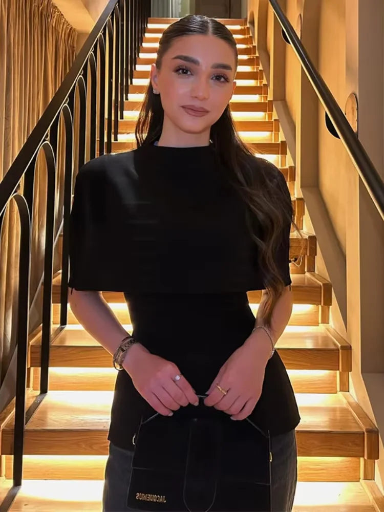Elegant Black Turtleneck Cloak Tops Women Solid Short Sleeve Waist Cinching A-line Short Top 2026 Lady Spring Street Outwear