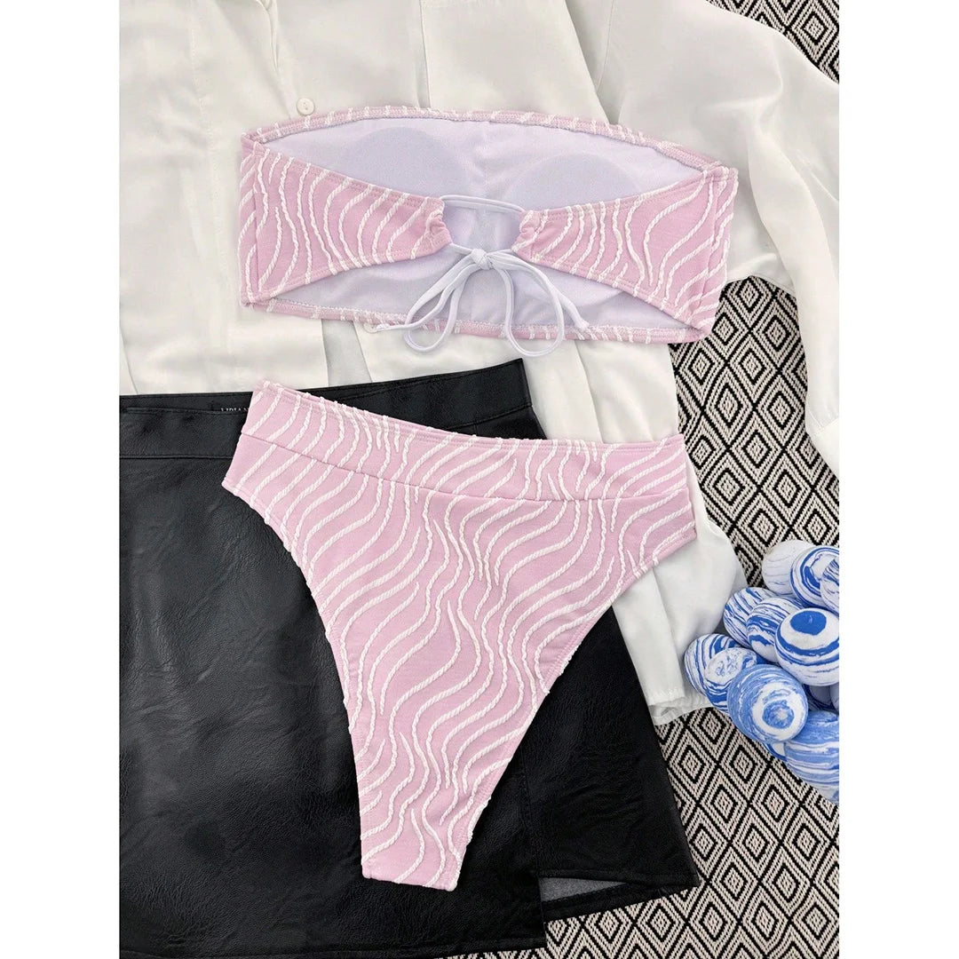 Sexy Wave Striped Bandeau High Waist Bikini Female Swimsuit Women Swimwear Two-pieces Bikini set Bather Bathing Suit Swim K5445