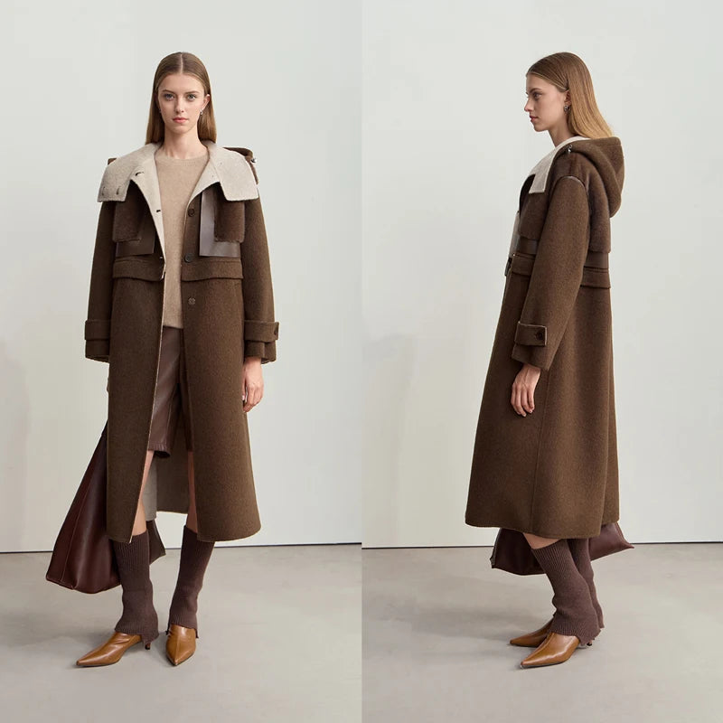 Amii Minimalist 2025 Winter Women's Jacket Hooded Splicing Zipper PU Leather Loose Long Coat Two Wear Wool Coats 12444138