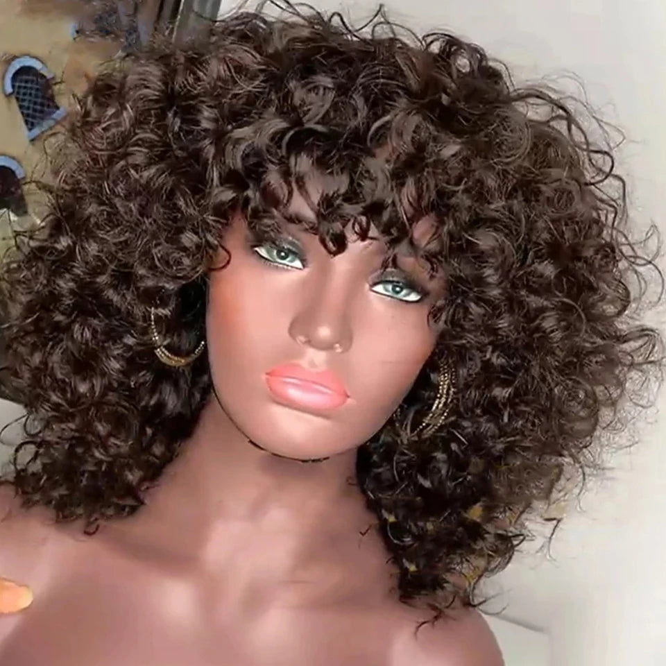 Mongolian Afro Kinky Curly Hunan Hair Wigs With Bangs Full Machine Made Wig 250 Density Remy Brazilian Short Curly Bangs Wig