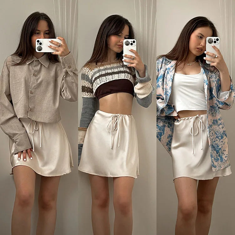 Satin Mini Skirts Women Summer Beige Silk Short Skirt For Woman Drawstring High Waist Black Satin Skirt A Line Women Short 2026