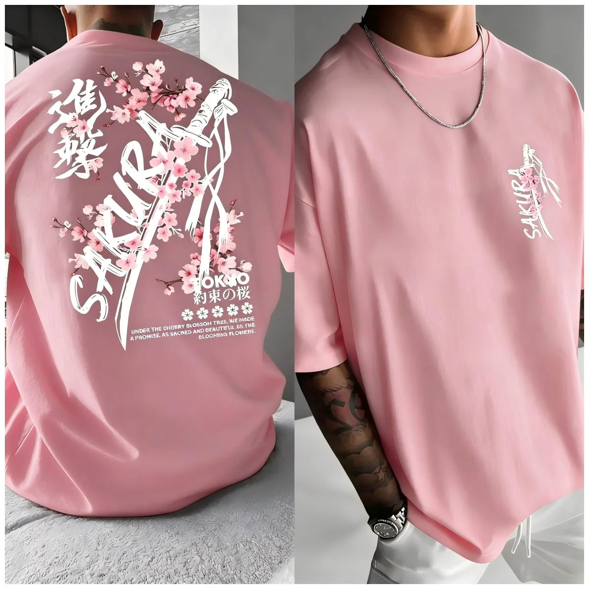 Fashionable men's summer personalized letter cherry blossom print soft and breathable round neck T-shirt outdoor festival street