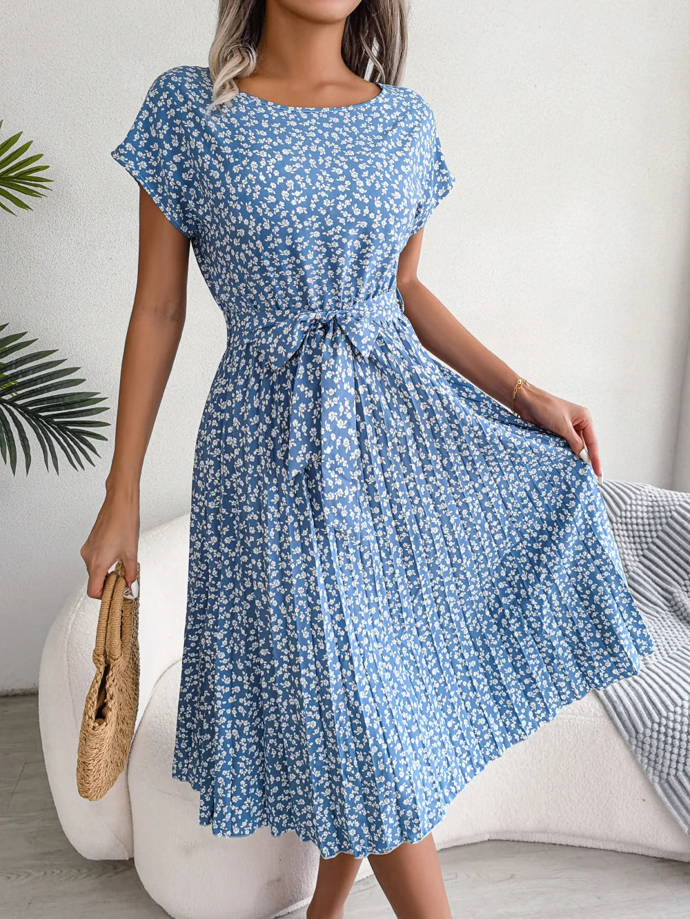Women's Floral Pleated A Line Long Dress, Short Sleeve, High Waist, Chic, Spring, Summer