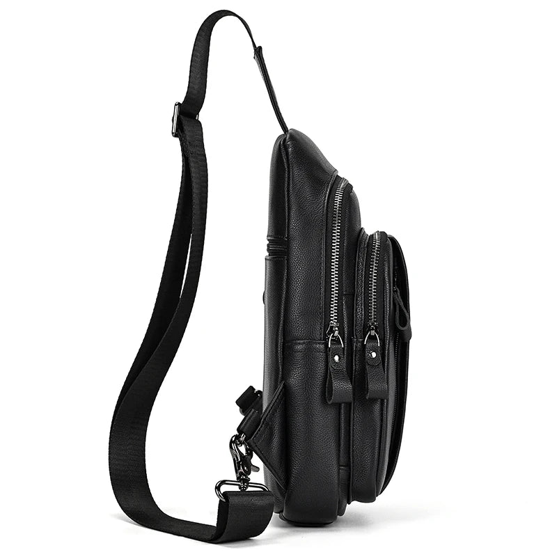 Mans 100% Genuine Leather Sling Bag Men Messenger Bags for Men Black Chest Bags for Phone Casual Sport Shoulder Bag