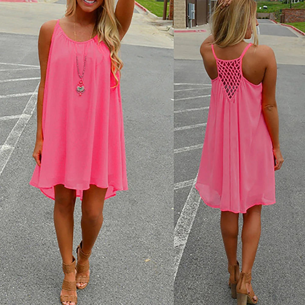 2016 Summer Fshion  2016 Hot New Sexy Women's Summer Casual Sleeveless Strap Backless Beach Dress for Evening Party