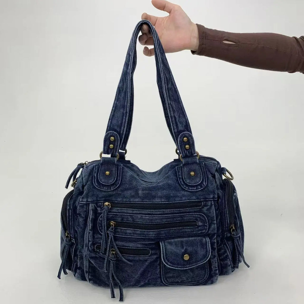 Y2K Street Personalized Women's Multi Pocket Shoulder Bag Large Capacity Retro Motorcycle Tote Bag