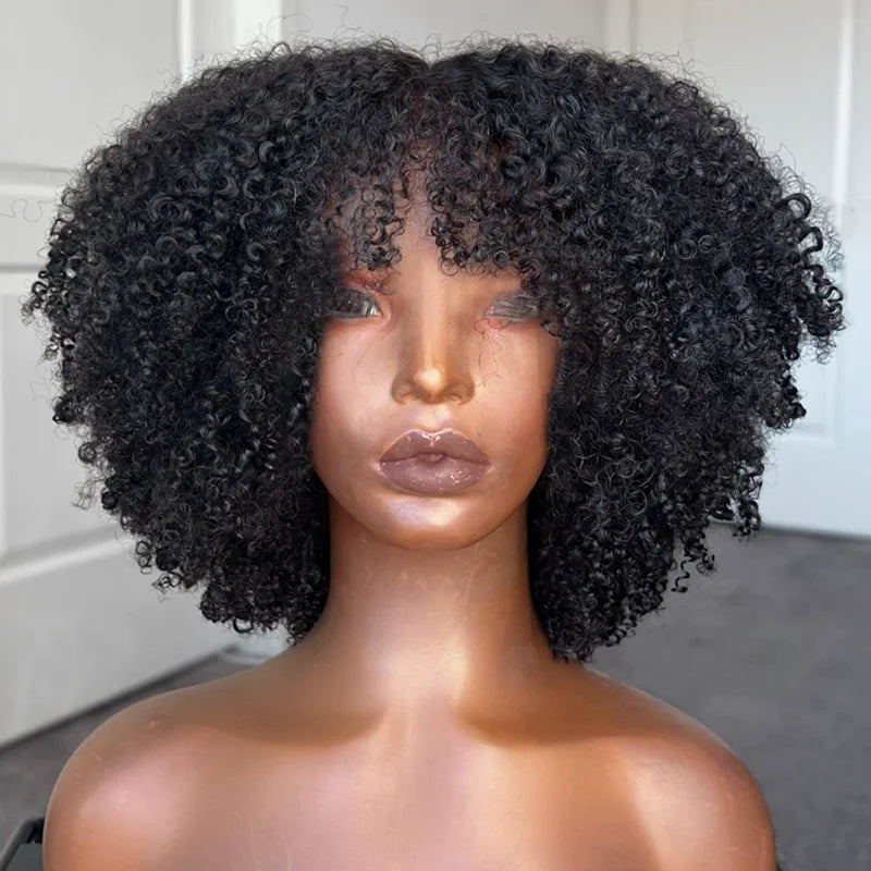 Mongolian Afro Kinky Curly Hunan Hair Wigs With Bangs Full Machine Made Wig 250 Density Remy Brazilian Short Curly Bangs Wig