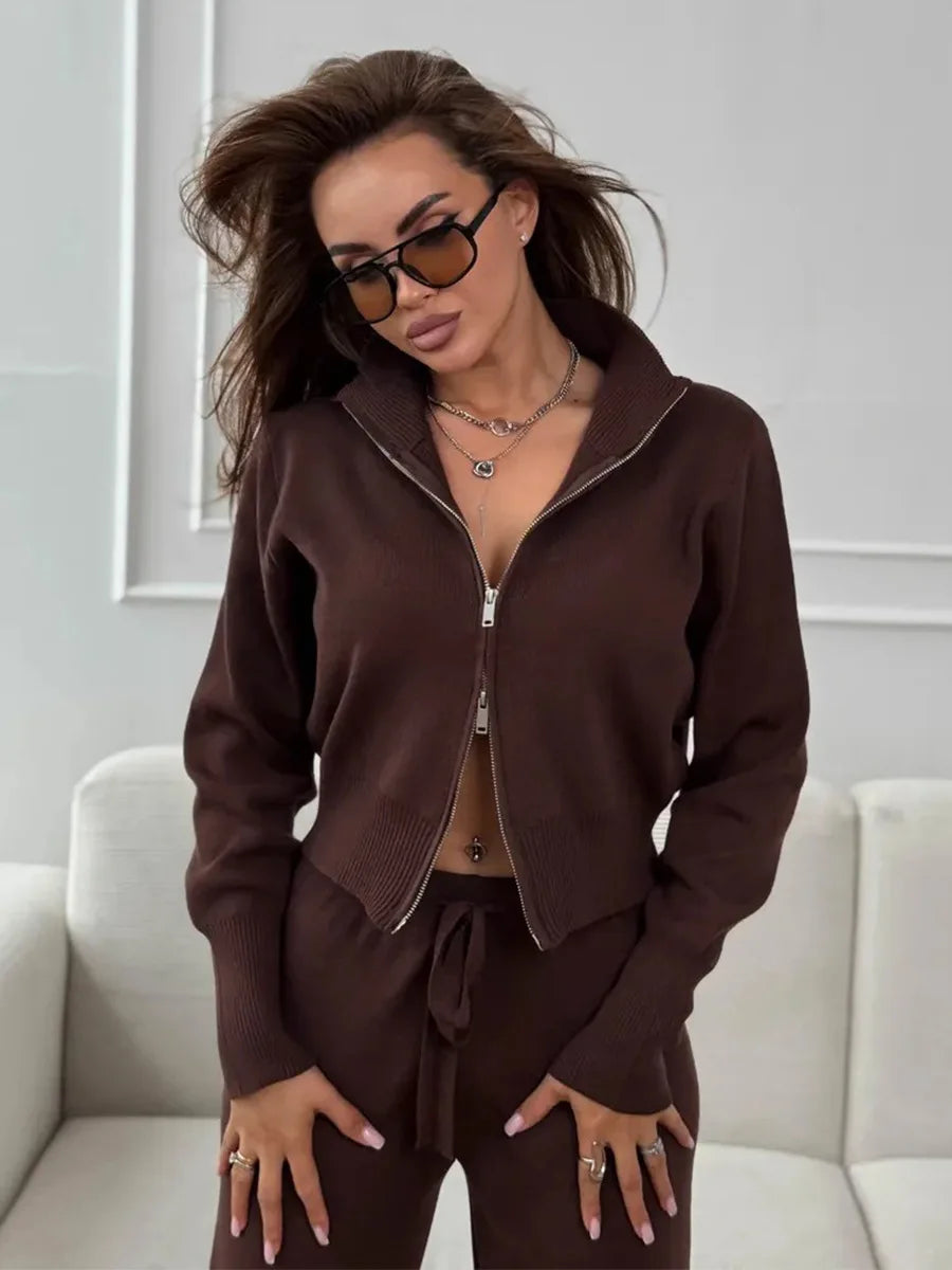 Bornladies Women's New Knit Zip Up Cardigan Wide Leg Pants Set Soft Fabric Cropped Elastic Waist Autumn Winter Fashion Sweater