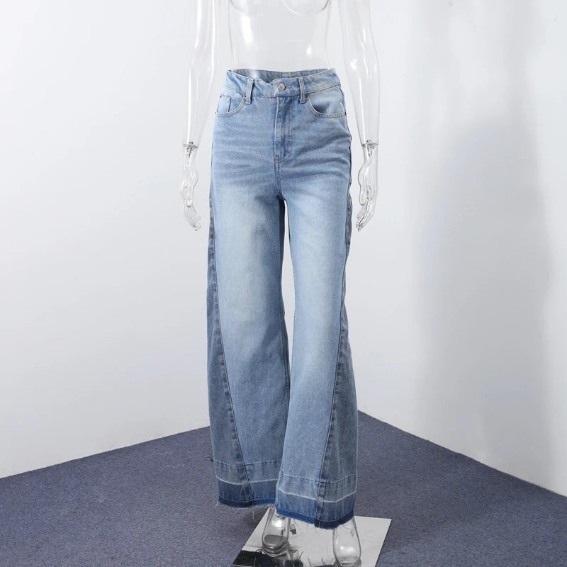 Chic Women's Side Patchwork Denim Jeans Pant High Waist Wide Leg Baggy Pants For Woman 2025 New Casual Daily Streetwear Trousers