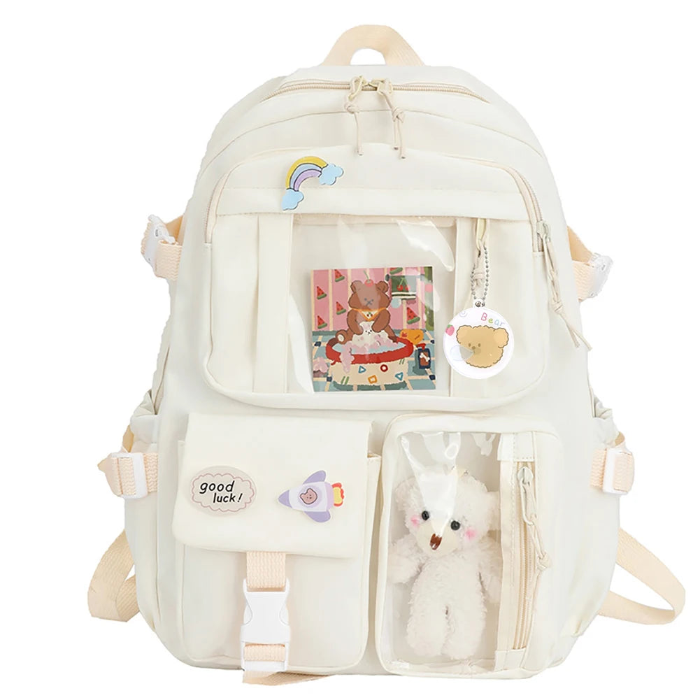 Woman Backpack Fashion College Student Rucksack Nylon with Plush Pendant Pin Kawaii Large Capacity Japanese Style for Teen Girls
