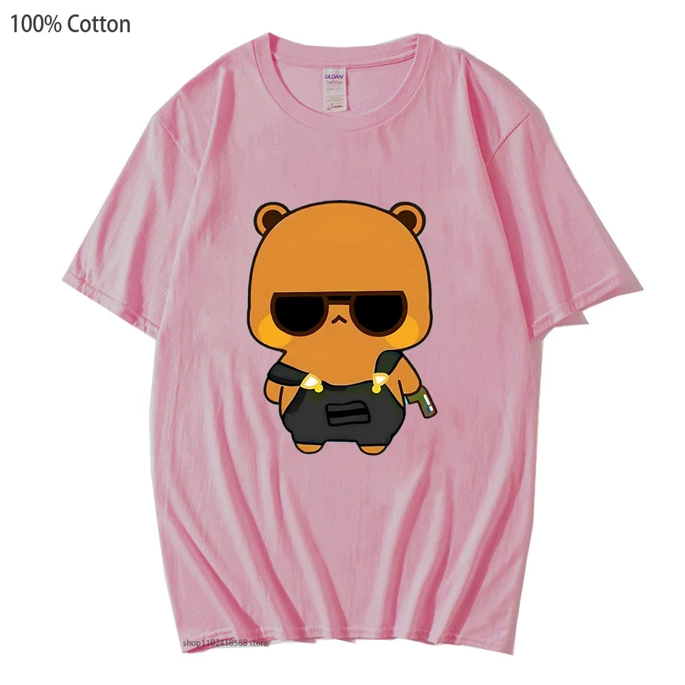 Cute Dudu and Bubu Dudu Like Spy Officer In Black T-Shirts 100% Cotton Clothes Panda and Brownie Bear Tees Men Women Couple Tops