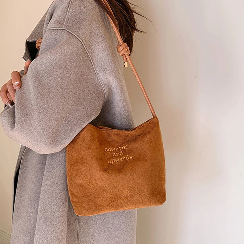 Suede Handbag Casual Rope Buckle Design Multicolor Shoulder Bag Adjustable Straps Tote Work Crossbody Bucket Bag