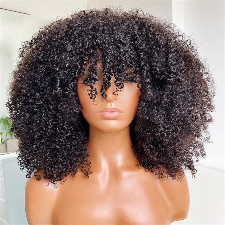 Mongolian Afro Kinky Curly Hunan Hair Wigs With Bangs Full Machine Made Wig 250 Density Remy Brazilian Short Curly Bangs Wig
