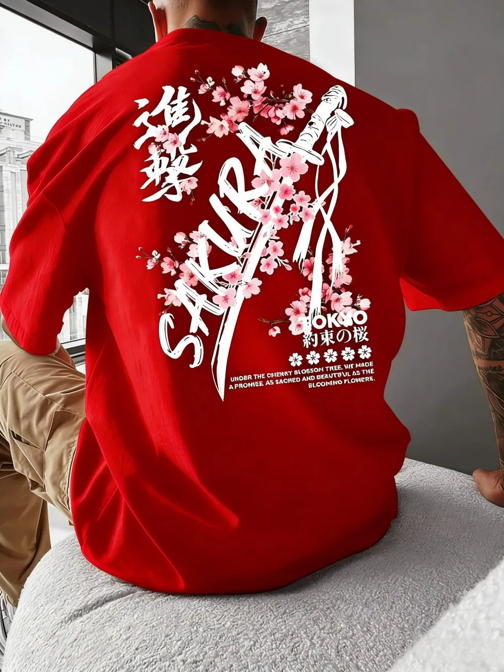 Fashionable men's summer personalized letter cherry blossom print soft and breathable round neck T-shirt outdoor festival street
