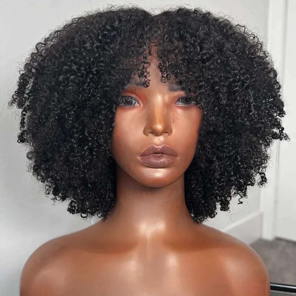 Mongolian Afro Kinky Curly Hunan Hair Wigs With Bangs Full Machine Made Wig 250 Density Remy Brazilian Short Curly Bangs Wig