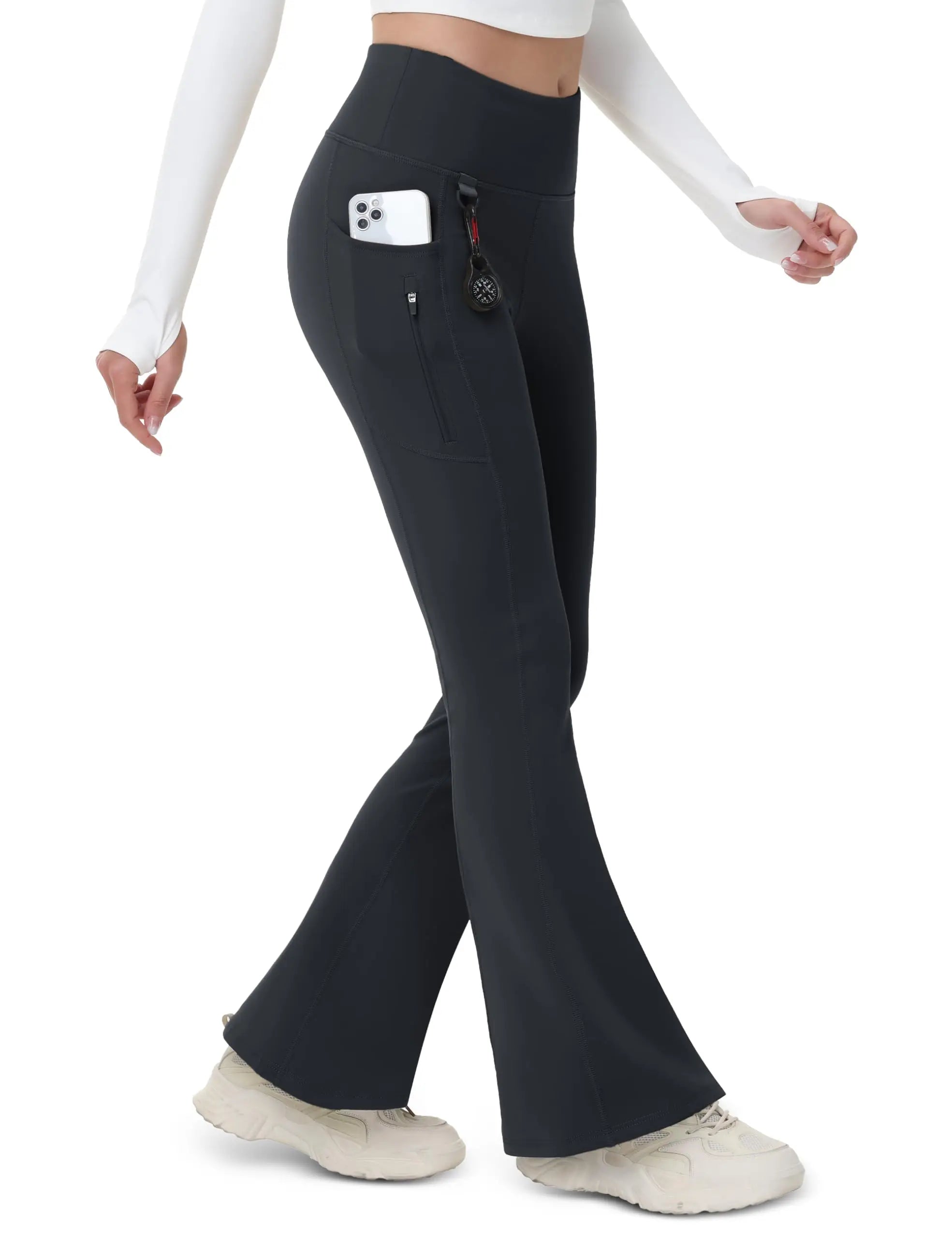 TACVASEN Fleece Lined Flare Pants Women's Waterproof Insulated Winter Pants High Waisted Bootcut Hiking Yoga Leggings Pockets