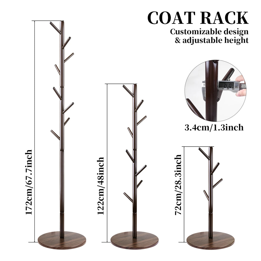 Solid Wood Coat Racks Stand Adjustable Height Clothes Hanger 8 Hook for Home Entryway Clothes Hat Scarves Handbags Rack