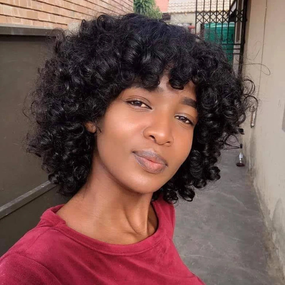 Mongolian Afro Kinky Curly Hunan Hair Wigs With Bangs Full Machine Made Wig 250 Density Remy Brazilian Short Curly Bangs Wig