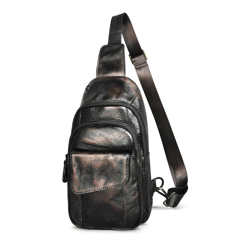 Men Quality Cow Leather Casual Fashion Triangle Crossbody Chest Sling Bag Design Travel One Shoulder Bag Daypack Male 8013