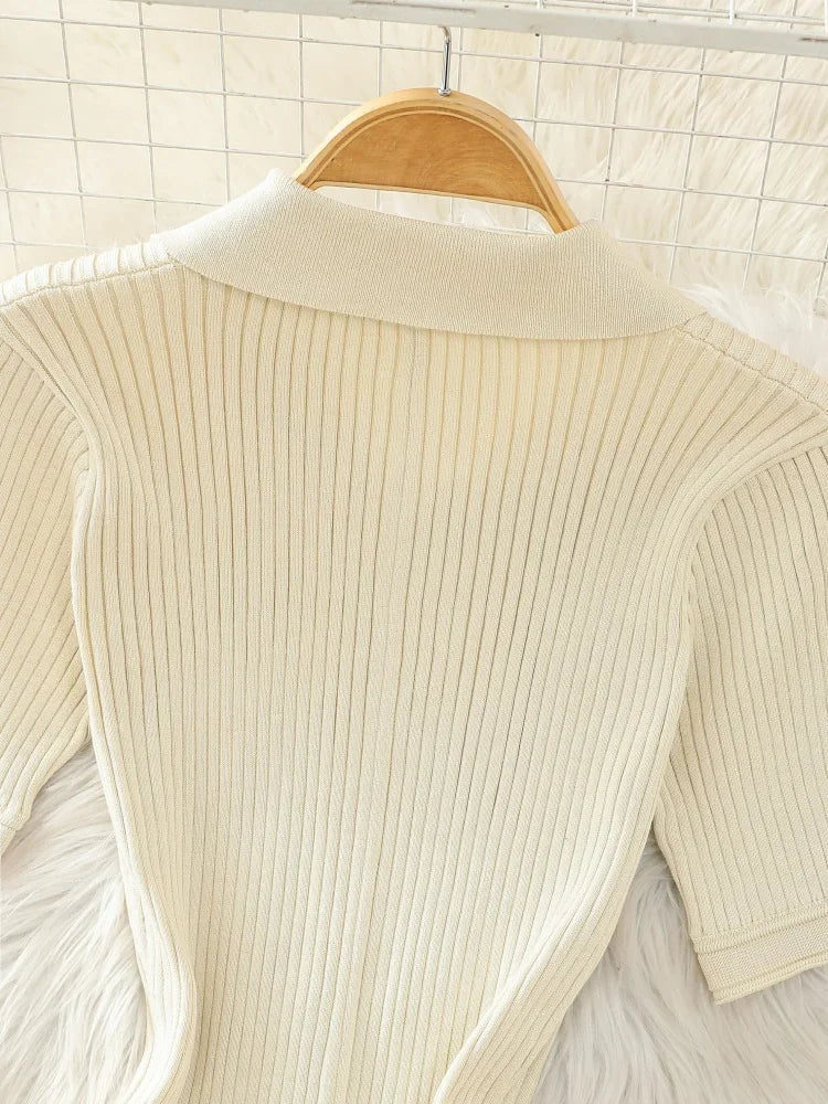 Summer 2024 New Women's Black Beige Single Breasted Knitted Long Dress Green Elegant Office Lady Short Sleeve Pleated Dress Chic
