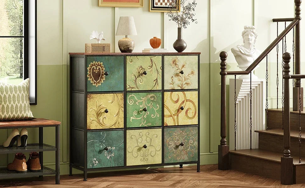 Rosahqnda Vintage Cabinet with fabric Drawers TV Stand Chest of Drawers for Living Room Dining Room Bedroom Iron Frame