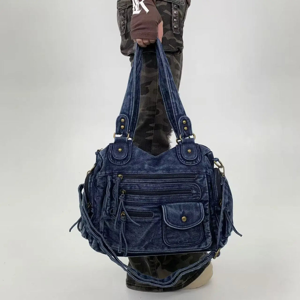 Y2K Street Personalized Women's Multi Pocket Shoulder Bag Large Capacity Retro Motorcycle Tote Bag