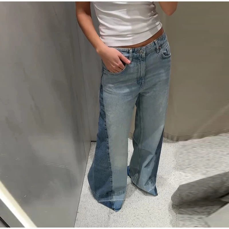 Chic Women's Side Patchwork Denim Jeans Pant High Waist Wide Leg Baggy Pants For Woman 2025 New Casual Daily Streetwear Trousers