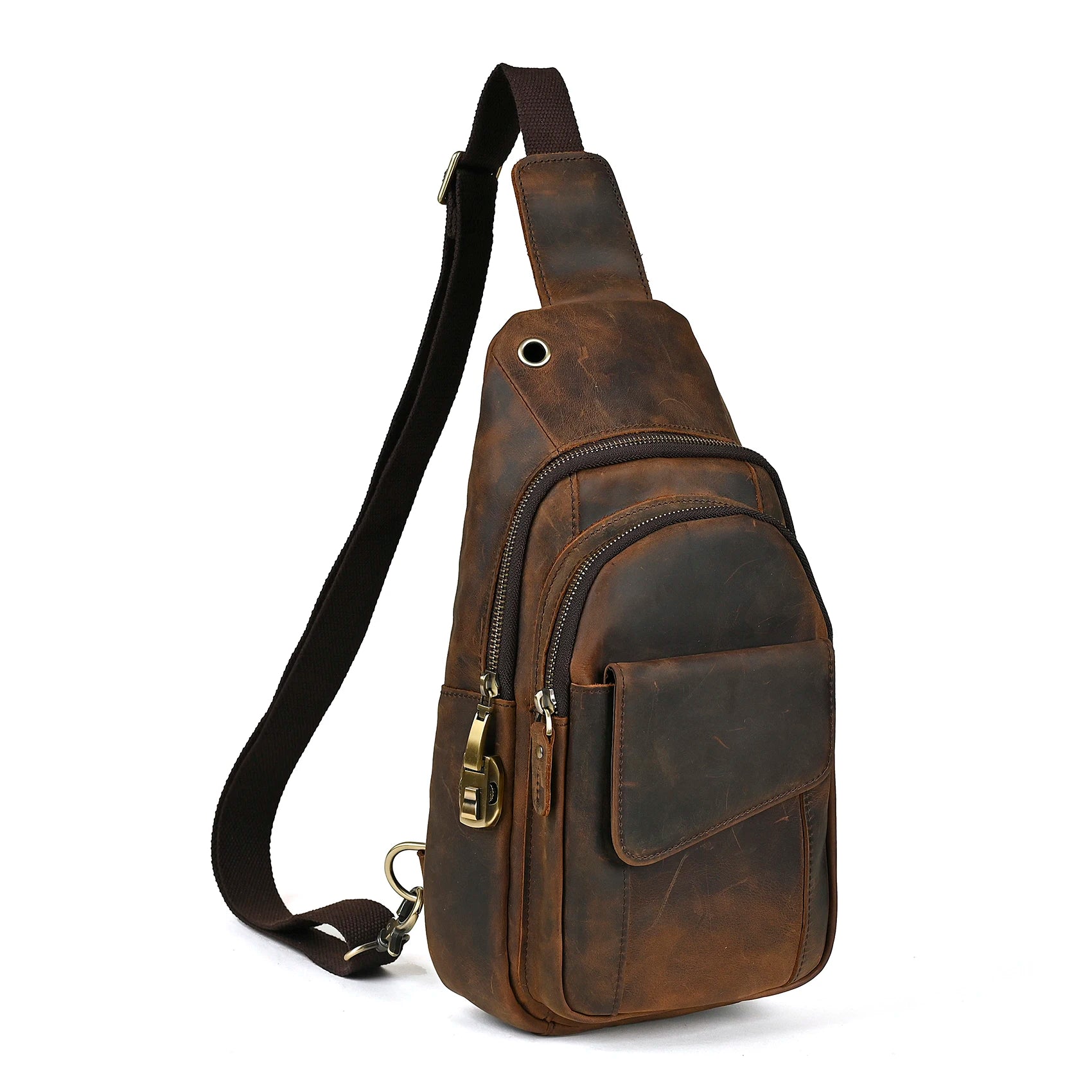 Men Quality Cow Leather Casual Fashion Triangle Crossbody Chest Sling Bag Design Travel One Shoulder Bag Daypack Male 8013